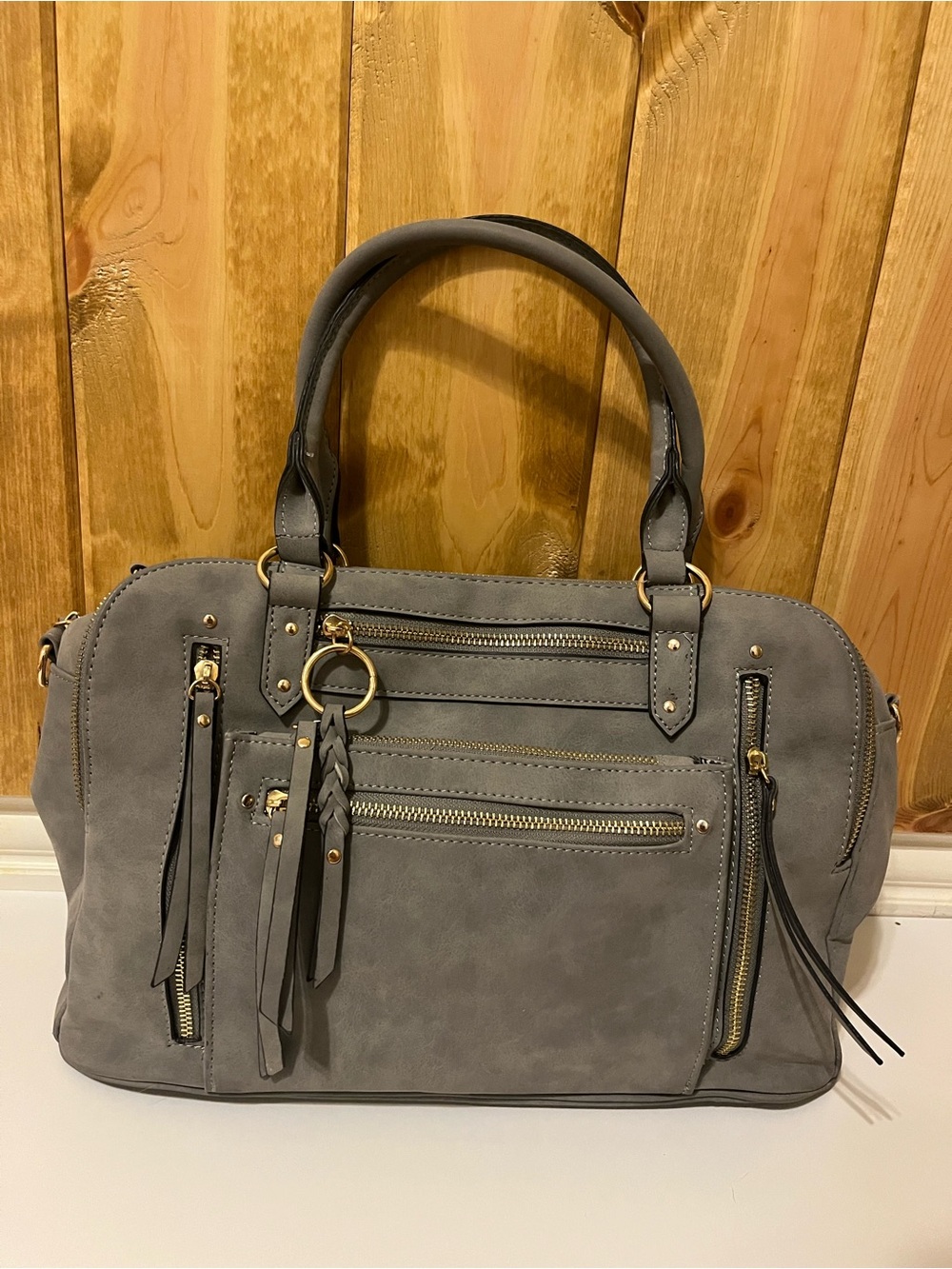 VR NYC Violet Ray Logan Satchel Handbag – Dusty Gray / Green Multi-Zip